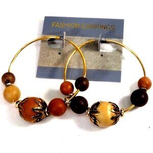 Boho Beaded Hoop Earrings – Natural Wood Look Beads, Gold-Tone Wire – Jewelry #3